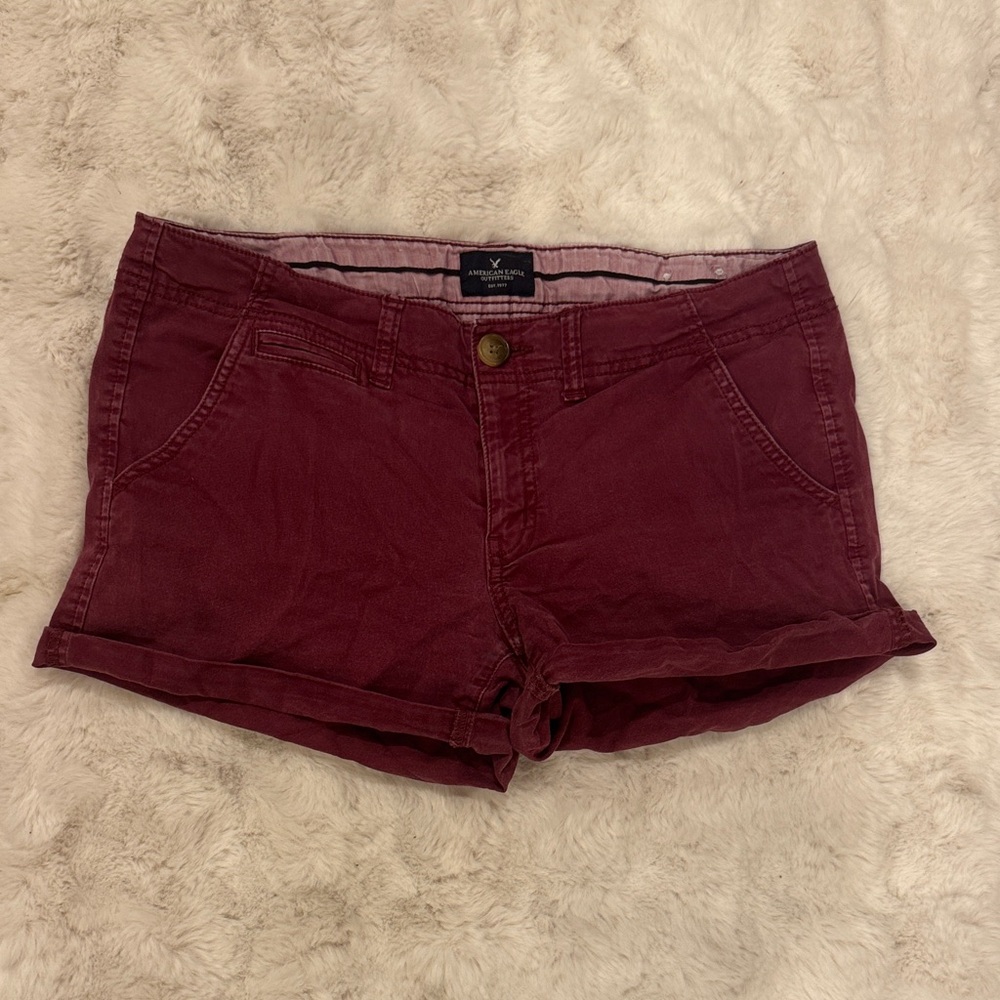 American Eagle Burgundy Roll-Cuff Khaki Shorts